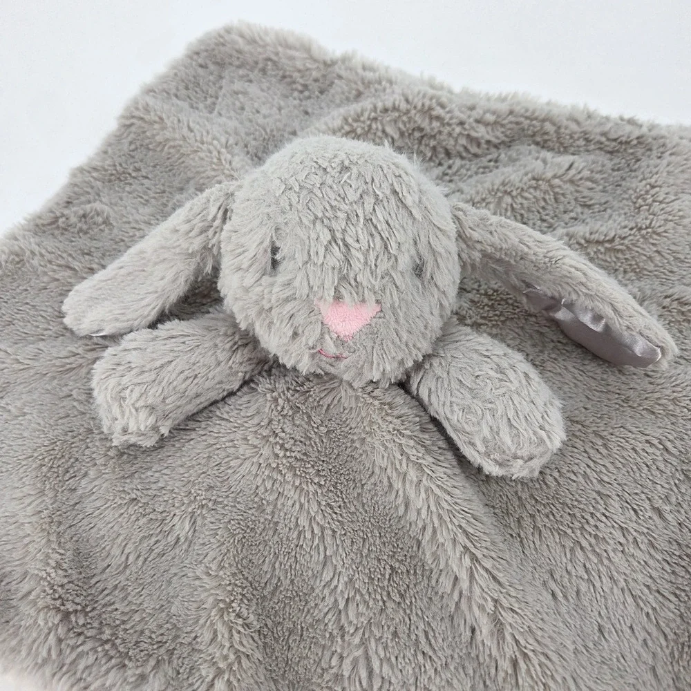 Grey Bunny Rabbit Plush Security Blanket Lovey Shaggy Faux Fur Satin Ears Grey